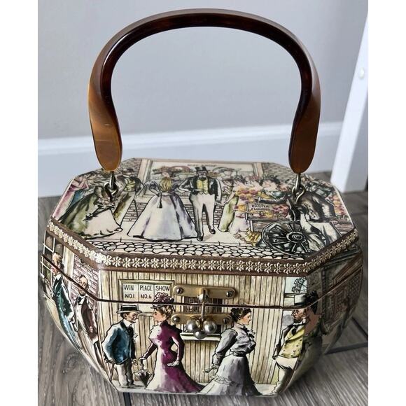 Wood Box Purse Anthony Gruerio Victorian Town Print Lucite Handle Vintage - Picture 1 of 11
